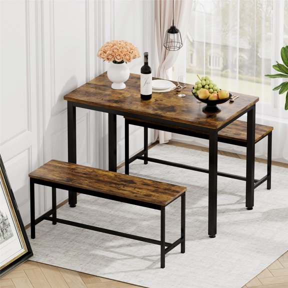 PUKNLY Dining Furniture Set, Bar Table with 2 Dining Benches for 4 People, Kitchen Table Counter with Chairs, Industrial for Kitchen Breakfast Table Living Room Party Room,Rustic Brown
