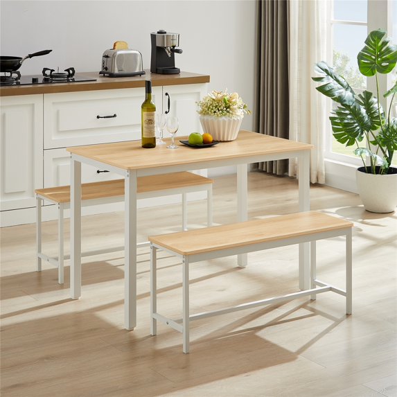 PUKNLY Dining Furniture Set, Bar Table with 2 Dining Benches for 4 People, Kitchen Table Counter with Chairs, Industrial for Kitchen Breakfast Table Living Room Party Room,White-Natural