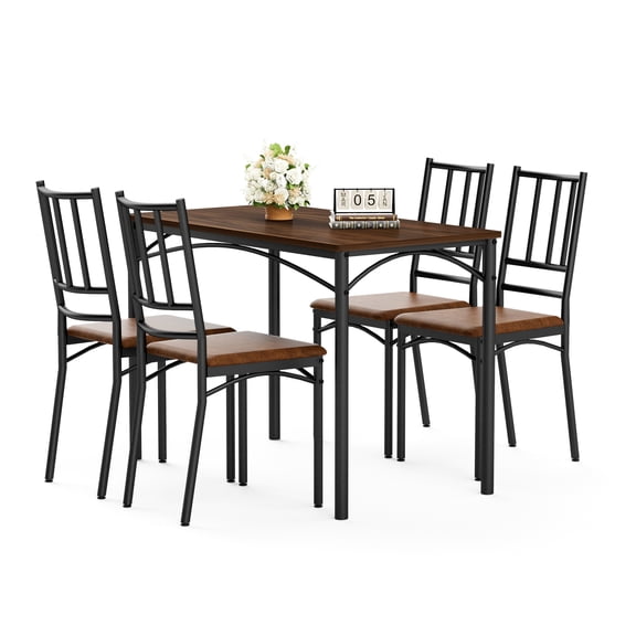PUKNLY Dining Furniture Sets, Dining Table Set with 4 Chairs, Industrial 4-Person Kitchen Table Counter, Space-Saving Breakfast Bar Set for Living Room, Party Room or Dining Area,Walnut