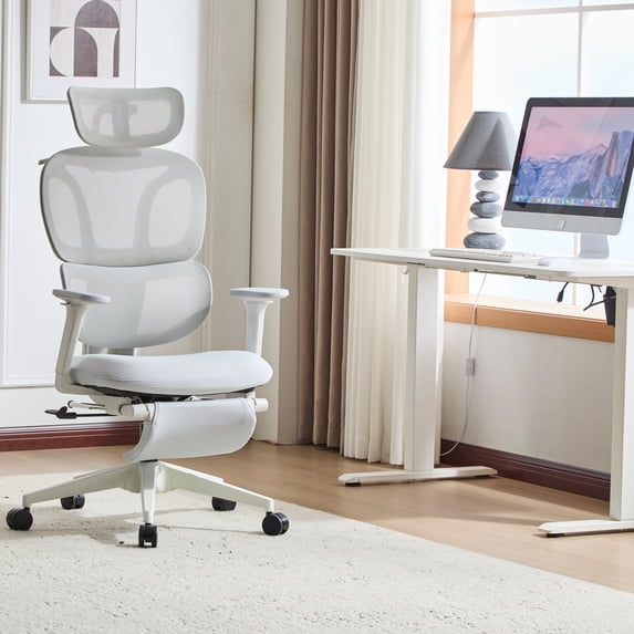 PUKNLY Ergonomic Office Chair with Footrest, High Back Computer Office Chair with Dynamic Lumbar Support, 2D Headrest, 4D Armrest, Sponge Seat, Mesh Home Office Desk Chair for Adults,Grey