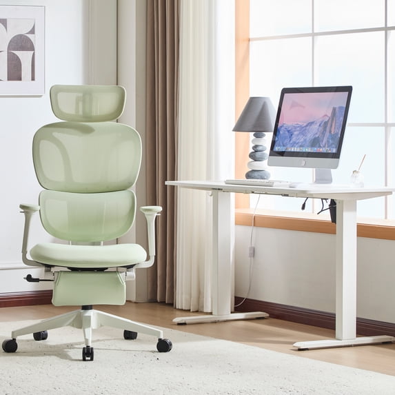 PUKNLY Ergonomic Office Chair with Footrest, High Back Computer Office Chair with Dynamic Lumbar Support, 2D Headrest, 4D Armrest, Sponge Seat, Mesh Home Office Desk Chair for Adults,Green