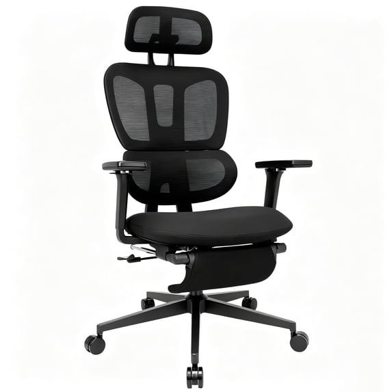 PUKNLY Ergonomic Office Chair with Footrest, High-back Computer Chair with Dynamic Lumbar Support, 2D Headrest & 4D Armrests, Sponge Cushion & Mesh Back, Home Office Chair for Adults