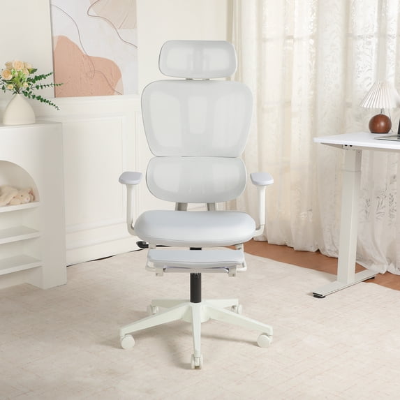 PUKNLY Ergonomic Office Chair with Footrest, High-back Computer Chair with Dynamic Lumbar Support, 2D Headrest & 4D Armrests, Sponge Cushion & Mesh Back, Home Office Chair for Adults