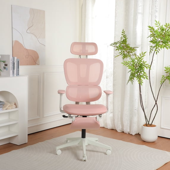 PUKNLY Ergonomic Office Chair with Footrest, High-back Computer Chair with Dynamic Lumbar Support, 2D Headrest & 4D Armrests, Sponge Cushion & Mesh Back, Home Office Chair for Adults
