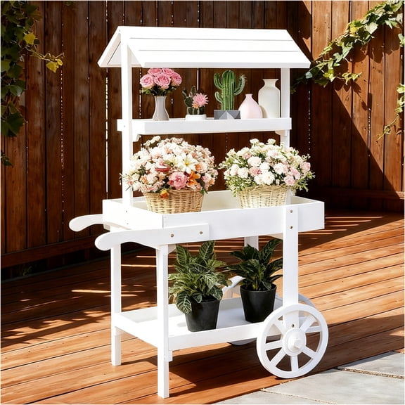 PUKNLY Farm Stand Outdoor, Durable Wooden Flower Cart Display Stand with Wheels, 3 Tier Candy Cart for Gardens, Porches, Indoor Stores, Home, Weddings, Gardening Market, Craft Fairs, White