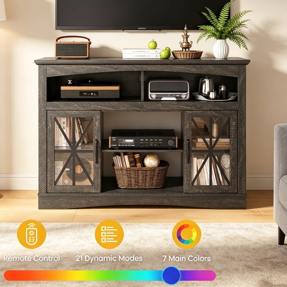 PUKNLY Farmhouse TV Stand, Tall Entertainment Center with Adjustable Storage Shelves, Glass Doors & LED Lights, Media Console Cabinet for TVs up to 65", for Living Room, Bedroom, Kitchen,Brown,Brown