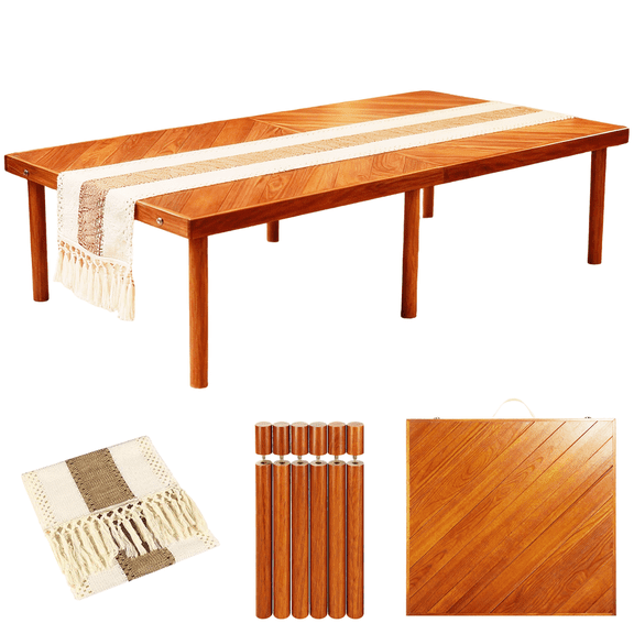 PUKNLY Folding Picnic Table with Table Runner, Adjustable Wooden Picnic Table for Outdoors, Boho Low Coffee Table for Sitting on The Floor, Suitable for Beach, Park, Garden, Camping, Travel