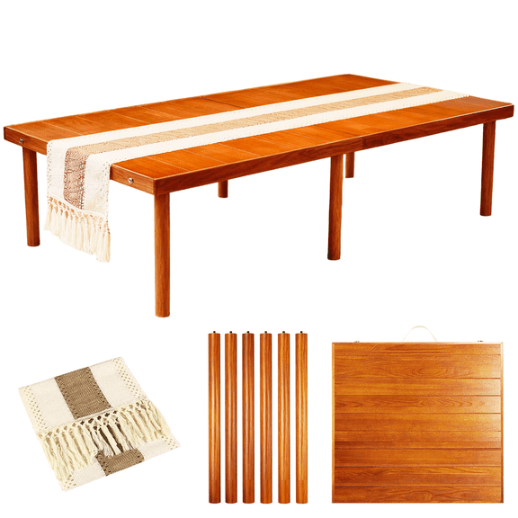 PUKNLY Folding Picnic Table with Table Runner, Wooden Picnic Table for Outdoors, Boho Low Coffee Table for Sitting on The Floor, Suitable for Beach, Park, Garden, Camping, Travel