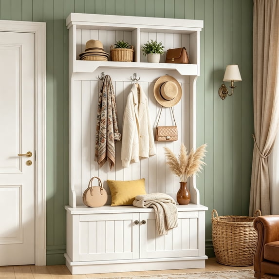PUKNLY Hall Tree with Bench and Shoe Storage, 64" Farmhouse Entryway Coat Rack with 3 Hooks & Top Shelf, Space Saving Mudroom Rack & Shoe Bench, 2 Top Cubbies Storage for Entryway Living Room,White