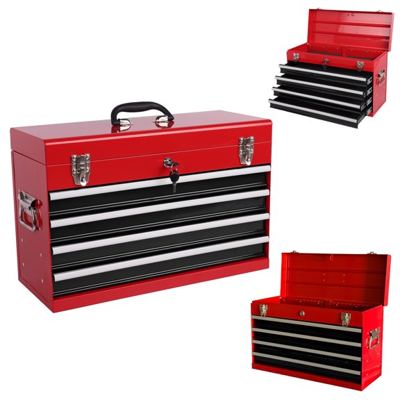 PUKNLY Heavy Duty 21" Metal Tool Box, 4 Drawers, Portable Tool Chest, EVA Liner, Ball Bearing Slides, Auto-Locking System, Multi-Function Tool Organizer for Garage, Workshop, Jobsite or Trunk Storage