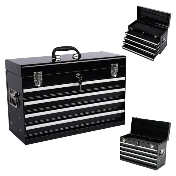 PUKNLY Heavy Duty 21" Metal Tool Box, 4 Drawers, Portable Tool Chest, EVA Liner, Ball Bearing Slides, Auto-Locking System, Multi-Function Tool Organizer for Garage, Workshop, Jobsite or Trunk Storage