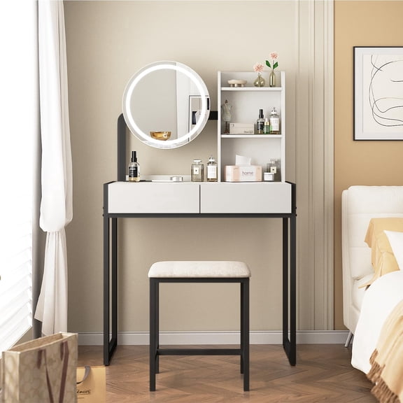PUKNLY Makeup Vanity Desk with LED Mirror and Lights, Vanity Table with Power Outlet, Drawer, Open Shelves and Cushioned Stool, 3 Lighting Modes, for Bedroom