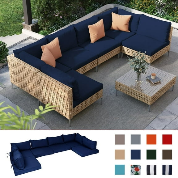 PUKNLY Outdoor Furniture Replacement Cushions, Fits 6-seat Sectional Rattan Conversation Set, 14 Piece Patio Water-Resistant Replacement Sofa Cushions, Liner&Cover