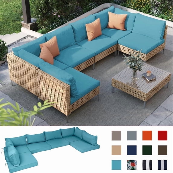 PUKNLY Outdoor Furniture Replacement Cushions, Fits 6-seat Sectional Rattan Conversation Set, 14 Piece Patio Water-Resistant Replacement Sofa Cushions, Liner&Cover(Lake Blue)