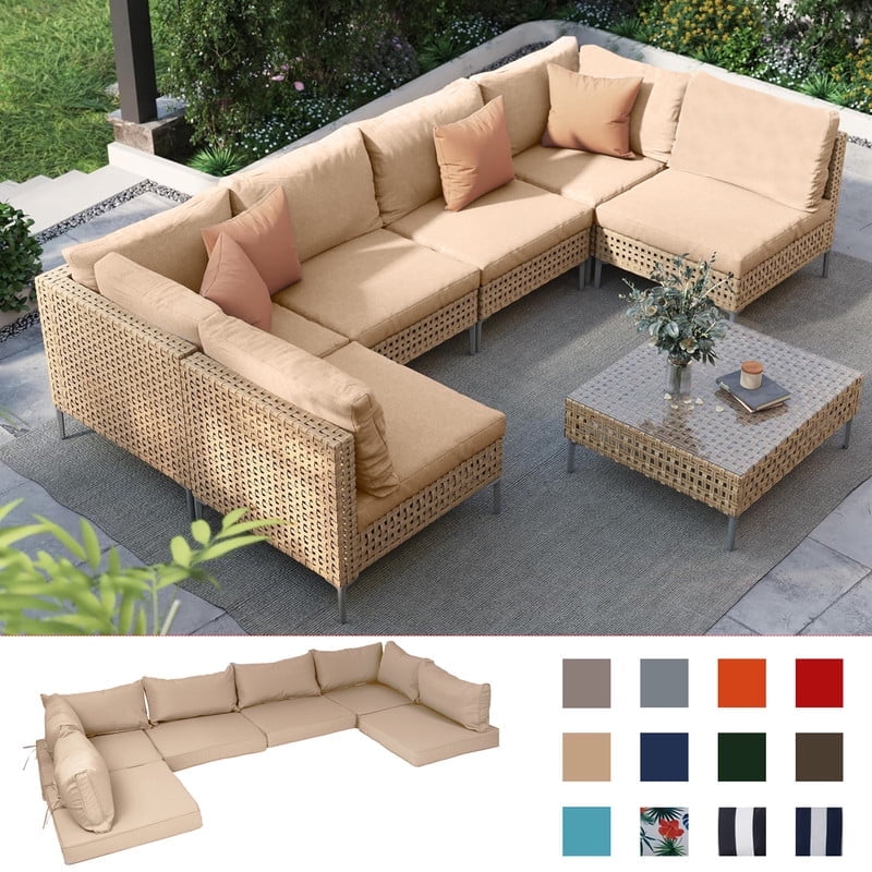 PUKNLY Outdoor Furniture Replacement Cushions, Fits 6-seat Sectional Rattan Conversation Set, 14 Piece Patio Water-Resistant Replacement Sofa Cushions, Liner&Cover（Beige）