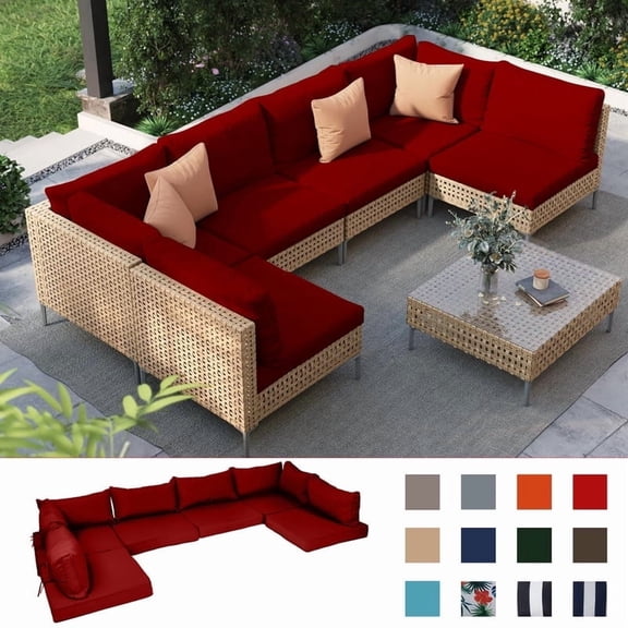 PUKNLY Outdoor Furniture Replacement Cushions, Fits 6-seat Sectional Rattan Conversation Set, 18 Piece Patio Water-Resistant Replacement Sofa Cushions, Liner&Cover