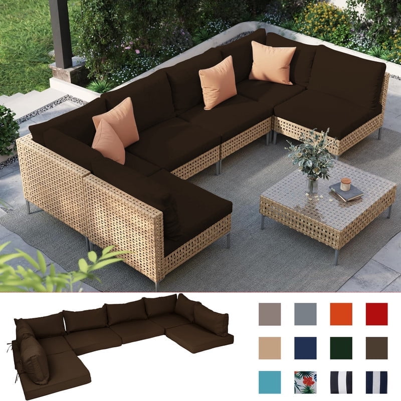 PUKNLY Outdoor Furniture Replacement Cushions, Fits 6-seat Sectional Rattan Conversation Set, 14 Piece Patio Water-Resistant Replacement Sofa Cushions, Liner&Cover（Brown）