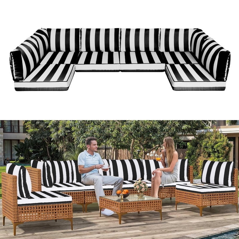 PUKNLY Outdoor Furniture Replacement Cushions, Fits 6-seat Sectional Rattan Conversation Set, 14 Piece Patio Water-Resistant Replacement Sofa Cushions, Liner&Cover（Black White Stripes）