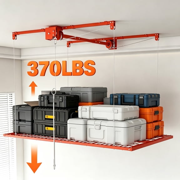 PUKNLY Overhead Garage Storage Rack, 3x6 Ft Adjustable Ceiling Lift System, 370lbs Capacity, Heavy-Duty Garage Storage Organizer, Safety Lock, Extra Space,Orange, 3*6FT,3*6FT