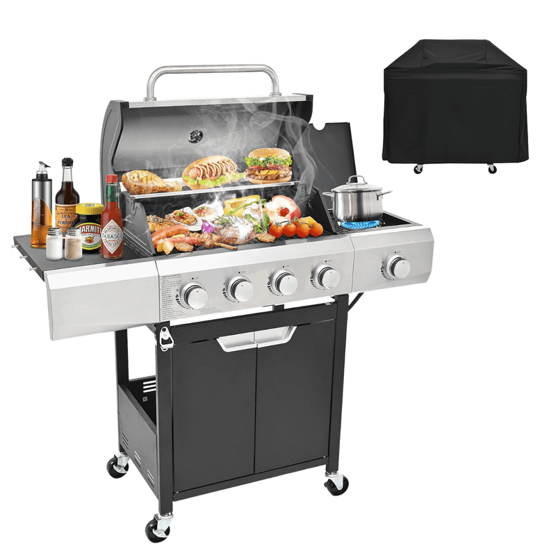 PUKNLY PUKNLY 5 Burner Gas Grill, 51,000 BTU Portable Propane Grill with Side Burner & Cover, 452 sq. in. Cast Iron Cooking Grates & Warming Rack, Outdoor BBQ Grill for Camping, Backyard, Tailgating