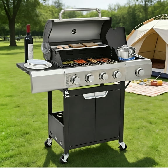 PUKNLY Portable Gas Grill with 5 Burners, 51000 BTU Cooking Power, Cast Iron Grates & Side Burner, Outdoor BBQ Grill for Camping, Backyard, 452 sq. in. Cooking Space, Propane & Natural Gas Compatible
