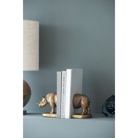 PUKNLY Rhino Bronze Bookends Decorative Polyresin Bookends with Realistic Bronze Finish, Vintage-Inspired Modern Minimalist Design for Shelves, Office or Living Room, 10.8x4.7x5.9 in
