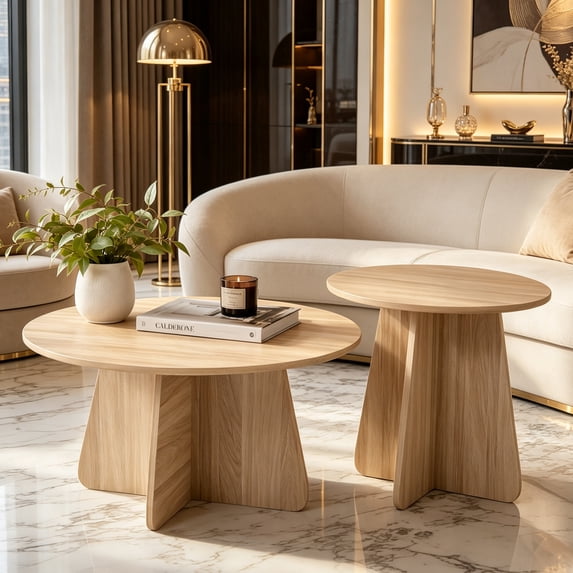 PUKNLY Round Nesting Coffee Table Set of 2, Modern Circle End Table Set, Mid Century Wooden Accent Tables, Small Side Table for Living Room Bedroom Balcony Office, Flexible Use, Space-Saving,Natural