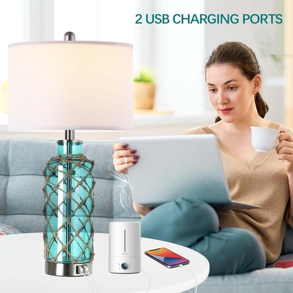 PUKNLY Set of 2 Nautical Coastal Table Lamps, Touch Control 3-Way Dimmable Blue Glass Rope Net Bedside Lamps with 2 USB Ports, White Shades, for Living Room Bedroom Nightstand, 2 LED Bulbs Included