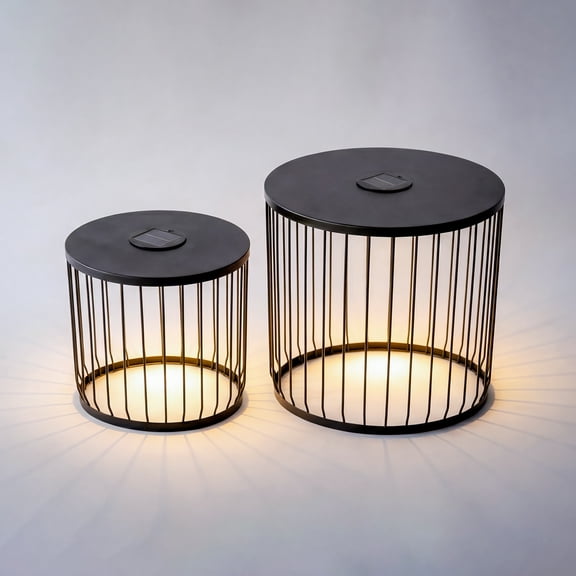 PUKNLY Solar Powered Nesting Side Table Set of 2, Modern Round End Tables with Solar LED Lights, Metal Wire Cage Accent Tables for Living Room Balcony Garden Patio Backyard