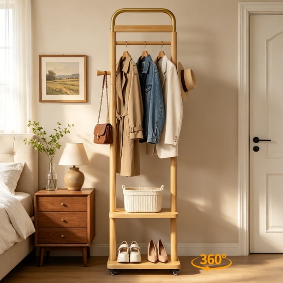 PUKNLY Solid Wood Coat Racks Freestanding with Hooks, Vintage Coat Hanger Stand 15.7* 11.8*71in, Mobile Coat Tree with Wheels, Easy Assembly, for Bedroom Living Room Entryway Hall Office,Natural