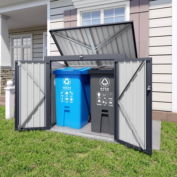 PUKNLY Trash Can Storage Shed for 2 Bins, Metal Garbage Enclosure Cabinet, Dual Front Doors, Removable Top Cover, Waterproof Weatherproof Lockable Outdoor Storage for Garden Yard or Patio,Gray,5*3FT