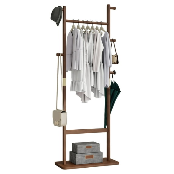PUKNLY Wooden Coat Rack Freestanding, Hall Tree Hanger with Resin Hooks, Adjustable Heavy Duty Coat Stand for Hanging Clothes, Bags, Hats, and Umbrellas in Living Room, Bedroom, Entryway, and Hallway