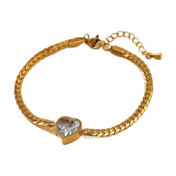 PULABO 14K Gold Plated Heart Zirconia Snake Chain Bracelet For Women - Adjustable Length, 6.9" + 1.8" , Elegant Design For Everyday Wear