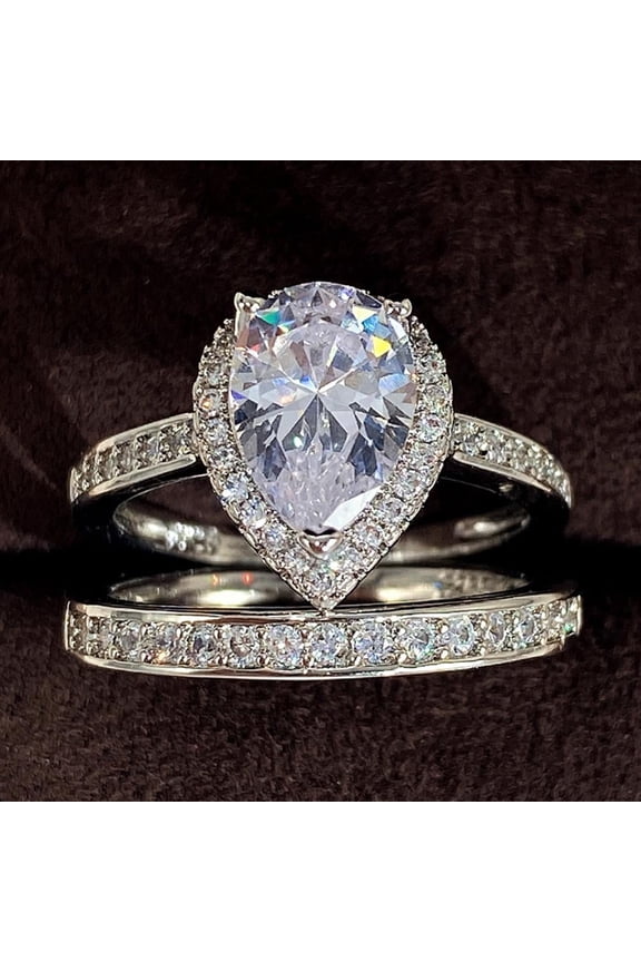 2-Piece 925 Sterling Silver 14k Gold Plated Cubic Zirconia Water Drop Ring Set for Men and Women