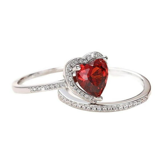 PULABO 2pcs His and Hers Wedding Ring Sets Couples Engagement Rings Women and Men 925 Sterling Silver Cubic Zirconia Double Layer Heart-Shaped