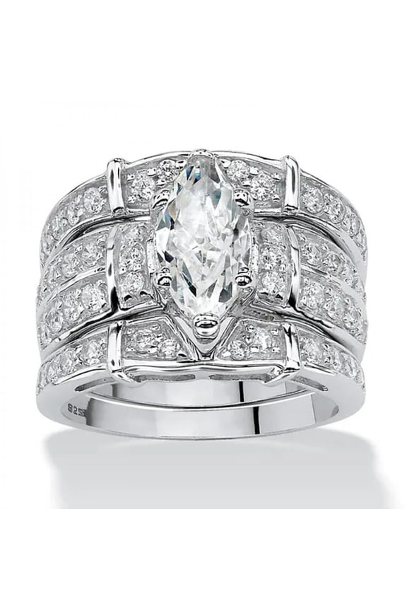 3pcs His and Hers Wedding Ring Sets Couples Engagement Rings Women and Men 925 Sterling Silver Marquise Cubic Zirconia Three in One Ring Set