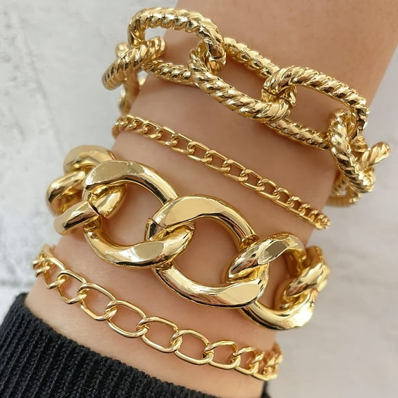 PULABO 4pcs/set Stylish and Versatile 14K Gold Plated Bracelets Set for Women - Clavicle Chain, Cuba Link, Herringbone, Twisted Rope - Perfect Jewelry Gift