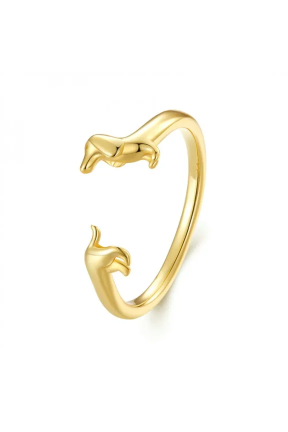 925 Sterling Silver Adjustable Dachshund Ring For Women Gold Plated Multi-layered Simple Wiener Dog Ring Daily Wear Jewelry