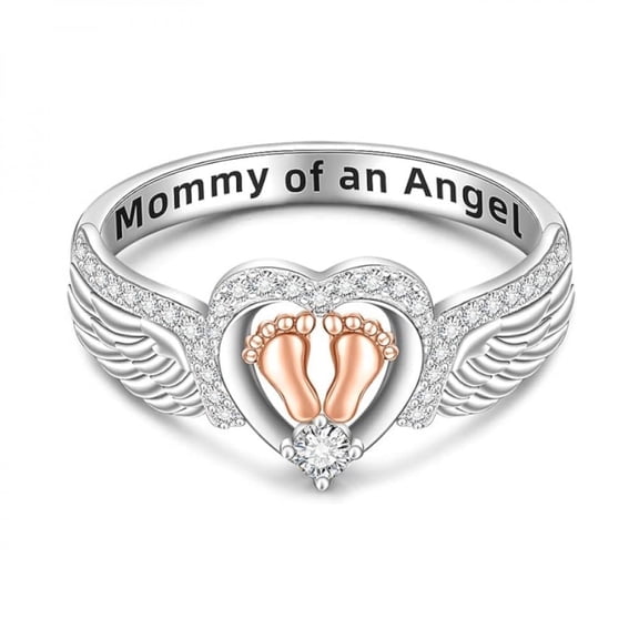 PULABO 925 Sterling Silver Angel Wing Ring with Heart & Footprint Design, Mother’s Day Jewelry Gift