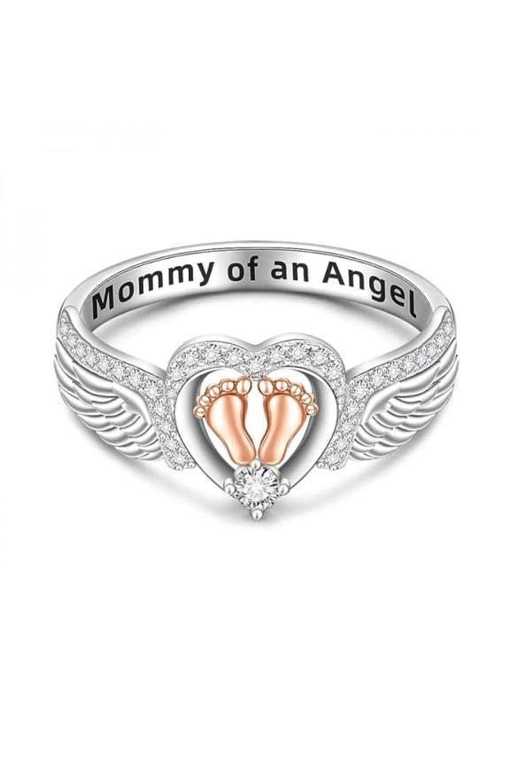 925 Sterling Silver Angel Wing Ring with Heart & Footprint Design, Mother’s Day Jewelry Gift