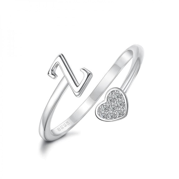 PULABO 925 Sterling Silver Heart Initial Ring for Women, Adjustable Alphabet Letter Ring (A–Z)