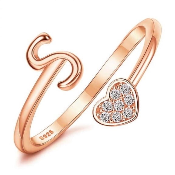 PULABO 925 Sterling Silver Heart Initial Ring for Women, Rose Gold Plated Adjustable Alphabet Letter Ring (A–Z)