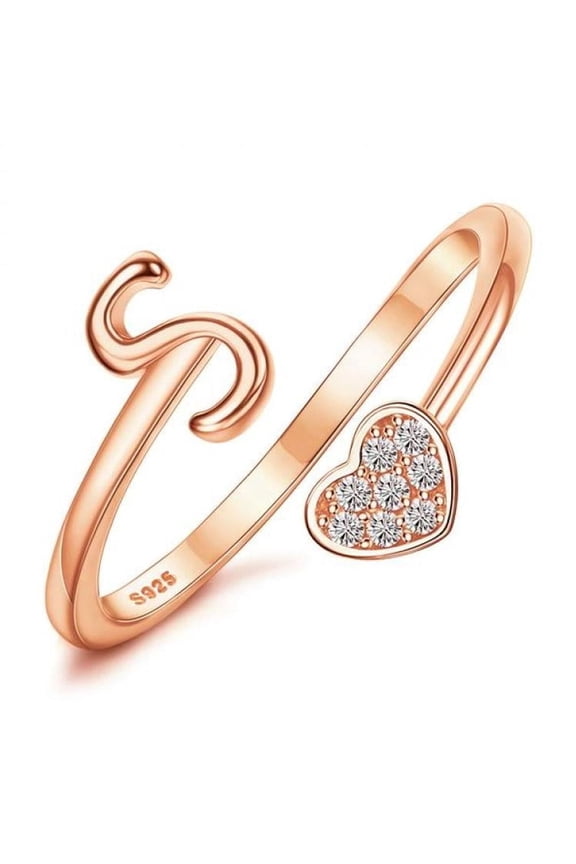 925 Sterling Silver Heart Initial Ring for Women, Rose Gold Plated Adjustable Alphabet Letter Ring (A–Z)
