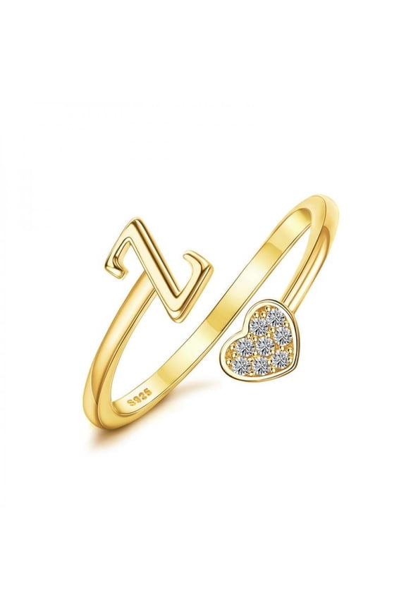 925 Sterling Silver Heart Initial Ring for Women, 14K Gold Plated Adjustable Alphabet Letter Ring (A–Z)