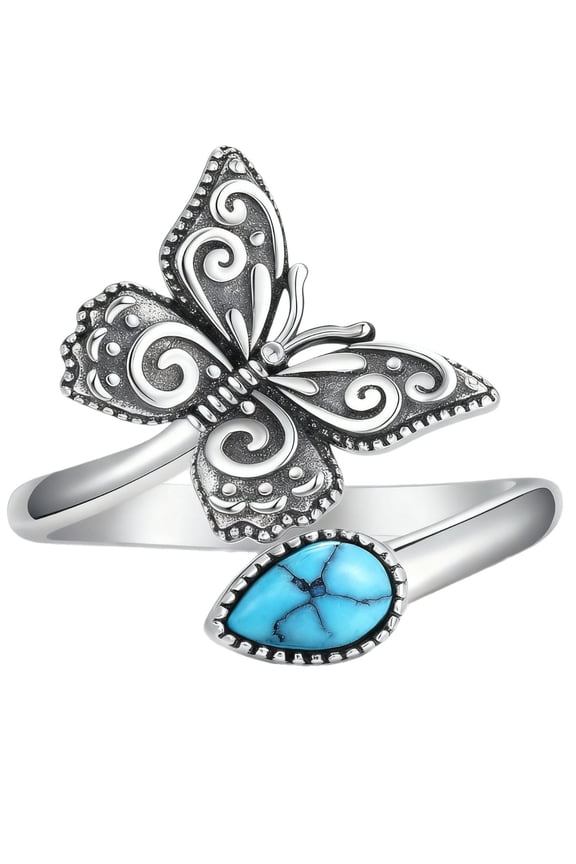925 Sterling Silver Natural Turquoise Moonstone Rings for Women Butterfly Ring Vintage Elegant Jewelry with White Gift Box for Women