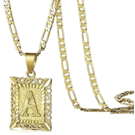 PULABO Initial Letter Pendant Necklace for Men and Women 14K Gold Plated Alphabet on Figaro Chain