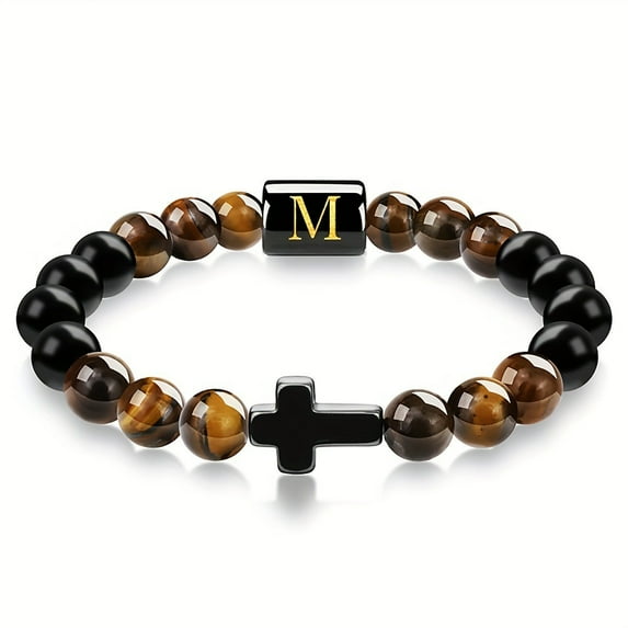 PULABO Mens Bracelet, Cross Bracelet Letter A-Z Initial Bracelet for Men Onyx Tigers Eye Beaded Bracelet Religious Christian Bracelet Anniversary Gifts for Men Dad Husband Mens Jewelry