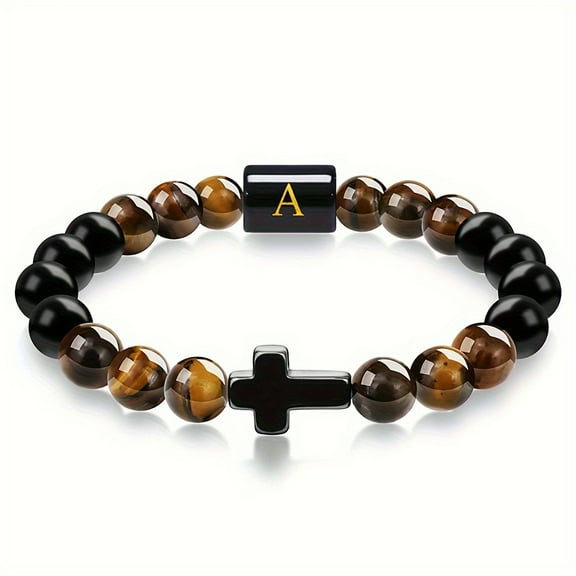 PULABO Mens Bracelet, Cross Bracelet Letter A-Z Initial Bracelet for Men Onyx Tigers Eye Beaded Bracelet Religious Christian Bracelet Anniversary Gifts for Men Dad Husband Mens Jewelry