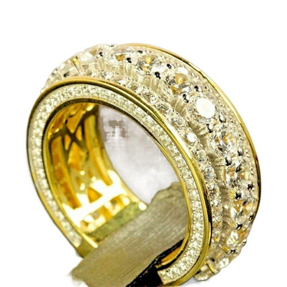 PULABO Mens Titanium Ring Wedding Band Cubic Zirconia 14K Gold Plated Full Stones Round Ring With Gift Box