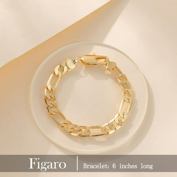 PULABO No Fade 14K Gold-Plated Cuban & Figaro Bracelet, Necklace, Set - 8mm/10mm wide, High Quality